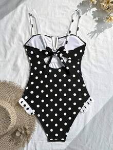 Swim Mod 2026 Spring/Summer New Polka Dot Contrast Color Frill Trim One-Piece Swimsuit For Women - Black and White - View 2