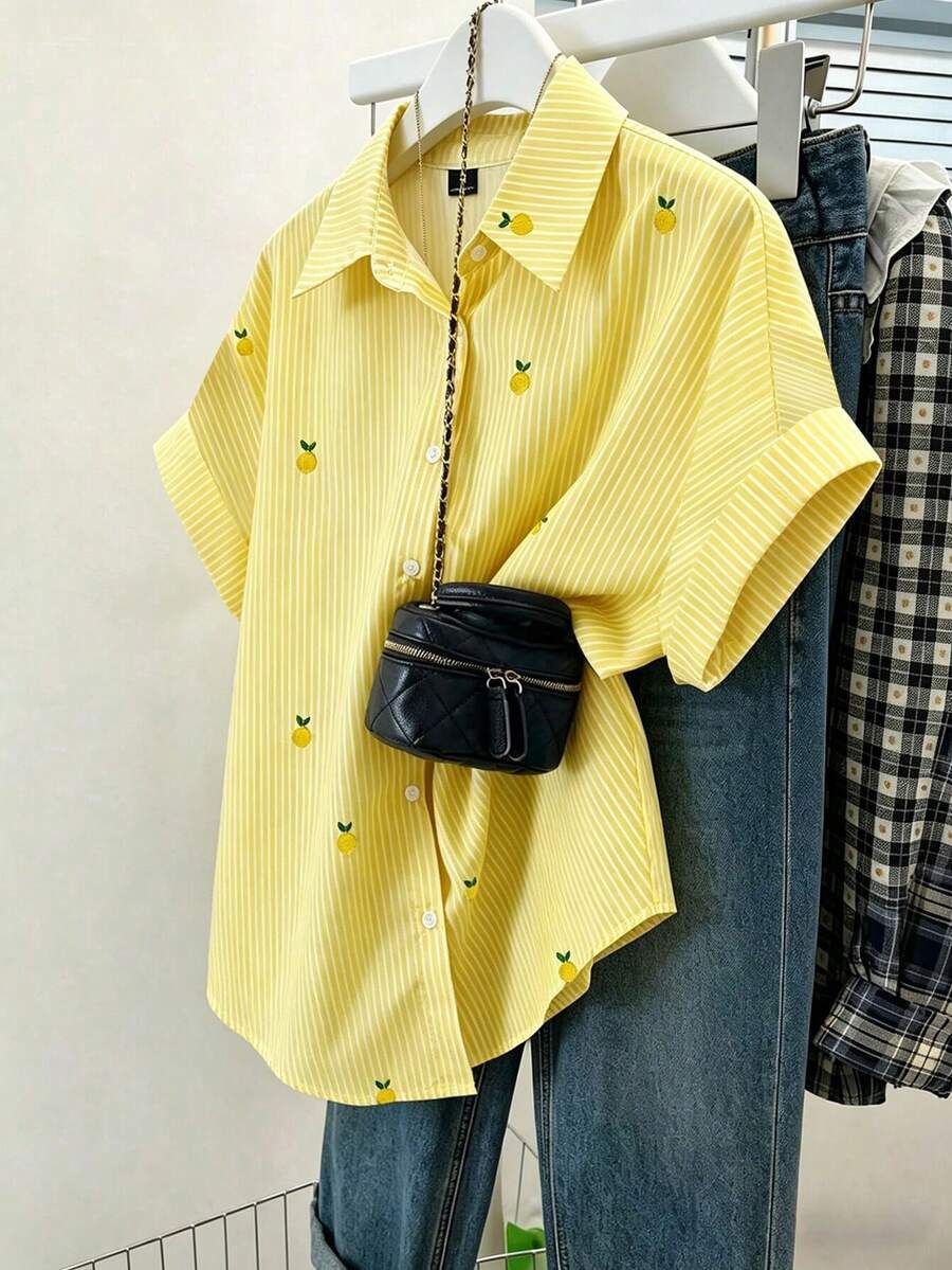 EMERY ROSE Women's Summer Casual Striped Lemon Imitation Embroidery Front Button Short-Sleeved Shirt - Multicolor - View 1