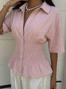 SHEIN EZwear Lotus Root Pink Woven Women's Button Down Short Sleeve Shirt,Summer Top - Dusty Pink - View 5