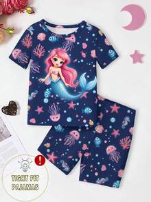 [Random Assortment]Young Girls Pajamas Spring/Summer New Fashion Cute Girls.Rabbit.Mermaid.Cat.Bow Combination Hot-Selling Pattern Print, Knitted Tight Fit High Elastic Fabric Short Sleeve Shorts Pajama Set Tight Fit Pajama (Random Shipment) - Multicolor - View 6