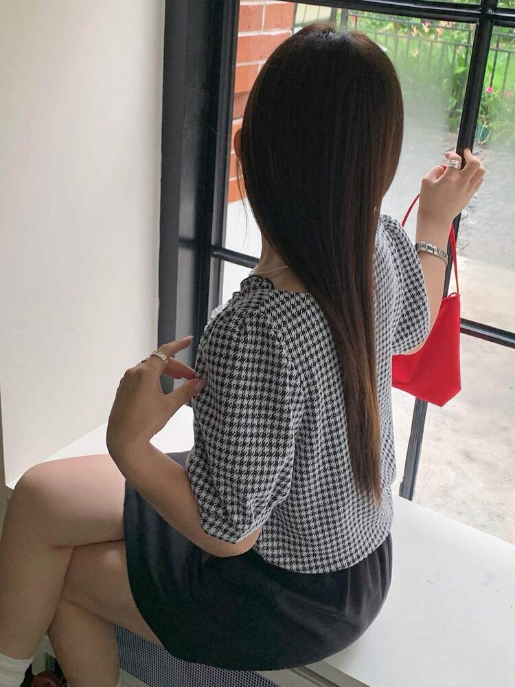 Dazy Plus Spring/Summer Short Sleeve Plaid Drawstring Bow Tie Fitted Versatile T-Shirt, Plus Size Women