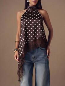 SHEIN BAE Áo thời trang nữ đa năng họa tiết chấm bi, phối ren, vạt áo bất đối xứng, cổ yếm - Cà phê nâu - Xem 3