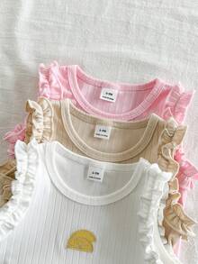 SHEIN Vintaside Kids 3件套女婴夏季休闲可爱甜美柔软弹力罗纹上衣，粉色、白色和浅杏色纯色上衣，饰有花卉刺绣，适合6个月至3岁婴幼儿户外、度假、日常穿着 - 彩色 - 查看 6