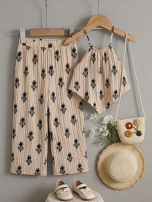 SHEIN Young Girl Floral Print Camisole T-Shirt And Pants Casual Outfit - Khaki - View 7