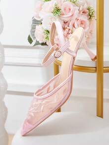 CUCCOO HITCHD Women's Embroidered Mesh Design Pointed Toe Asymmetric Heel High Heels, Romantic Elegant Stylish Mesh Pumps With Exposed Heel For Formal Occasions, Dates, Afternoon Tea, Weddings, Parties, Valentine's Day Spring Shoes - Light pink 5 - View 7