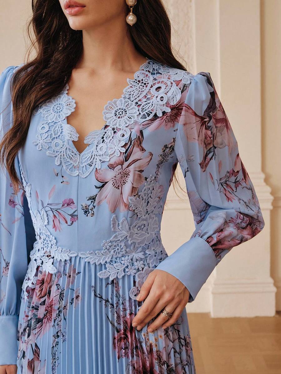 ZEYLAH Lace Patchwork Pleated Waist Fitted Long Dress, Spring/Summer - Aqua Blue - View 1