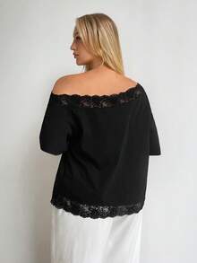 Auralis Große Größen elegantes einfarbiges Spitze Patchwork Asymmetrischer Kragen T-Shirt, Sommer - Schwarz - Übersicht 6