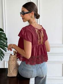 Serisse Women's Casual Solid Color Lace Patchwork Blouse, Summer - Red - View 3