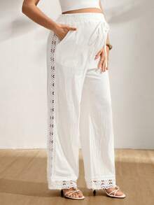 GentleRue Maternity Quần bầu ống rộng 100% cotton, phối ren, cạp chun, dáng rộng, nhẹ nhàng cho mùa hè, phong cách thanh lịch thường ngày. - trắng - Xem 3