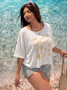 SHEIN EZwear 大尺碼女款海星印花不對稱單肩白色休閒T恤 - 鵝黃色 - 查看 3