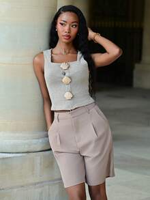 Mima John Women Square Neck Sleeveless Shell Embellished Ribbed Summer Tank Top Casual - Apricot - View 1