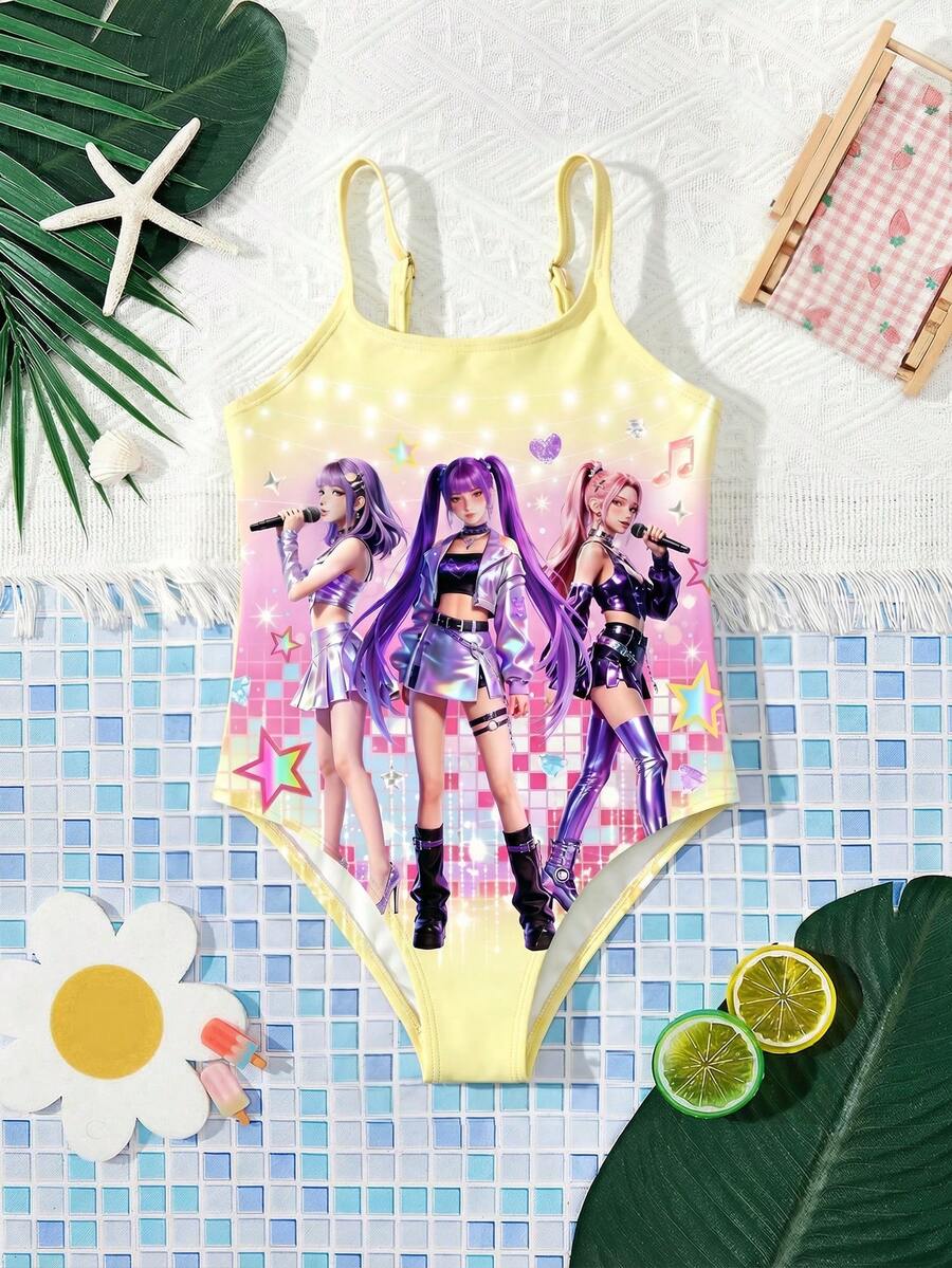 SHEIN 卡通印花連身泳衣,適合年輕女孩,適用於海灘度假、泳池派對、海灘派對 - 黃色 - 查看 1