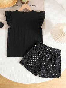 SHEIN LMoss Kids 2pcs Tween Girls Casual Comfortable Round Neck Ruffle Blouse And Pants Set - Black - View 2