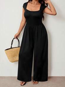 Enliva Bộ jumpsuit size lớn ôm sát gợi cảm màu đen, cạp cao, tay ngắn, phong cách thường ngày tôn dáng, xuân/hè - màu đen - Xem 7