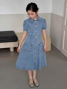 DAZY Girls' Denim Dress With Collar, Single-Breasted, Waist Cinched (Plus Size) - Blue - View 5
