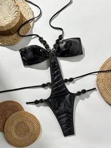 SHEIN Swim 一件式紋理金箔串珠性感女款泳衣，適合春夏季度假 - 黑色 - 查看 3