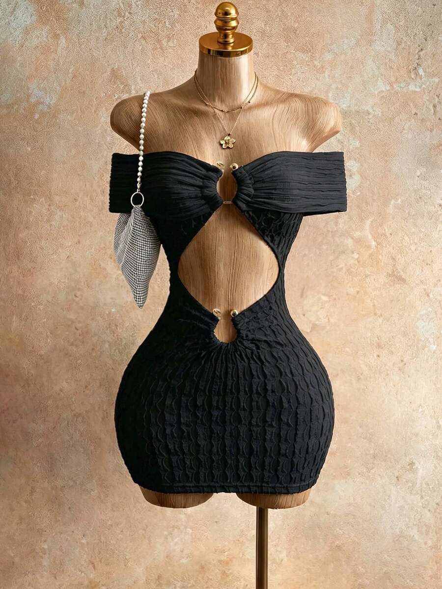 Mistrie Summer New Off-Shoulder Hollow Metal Ring Textured Fabric Fitted Mini Dress, Suitable For Beach Club Night Out Halloween Dates Parties Black Sexy - Black - View 1