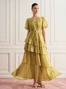 SHEIN Women's Solid Color Keyhole Neck Petal Sleeve Elegant Dress - Green - View 4