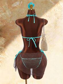 Amplova Women's Sexy Tropical Lace Overlay Swimwear Set, Fashionable For Vacation Bathing Suits Beach Party Brown Stripe Chocolate Summer Turquoise - Blue - View 13