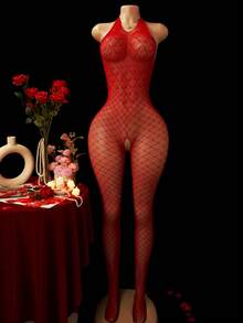 ChaseTheNight Women's Sexy Lingerie Bodystocking | Halter Neck Open Crotch Design | High-Elasticity Nylon & Elastane Blend | Sleek Black Fishnet Patterned Mesh - Red - View 1