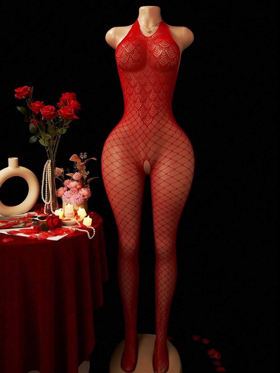 ChaseTheNight Women's Sexy Lingerie Bodystocking | Halter Neck Open Crotch Design | High-Elasticity Nylon & Elastane Blend | Sleek Black Fishnet Patterned Mesh - Red - View 1