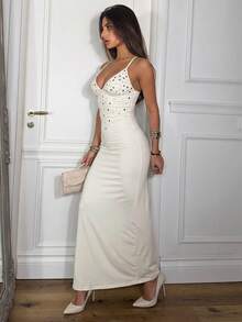 Ronhire Vestido ajustado elegante de unicolor con decoración de pedrería para mujer, fiesta de verano - Albaricoque - Ver 5