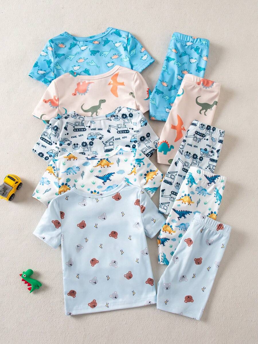 [3 Sets/5 Sets] Baby Boy Summer Knit Round Neck Short Sleeve Shorts, Hot Selling Cartoon Bear, Car, Dinosaur Digital Print Cute Pattern 6-Piece Pajama Set, Tight-Fitting Loungewear - Multicolor - View 1