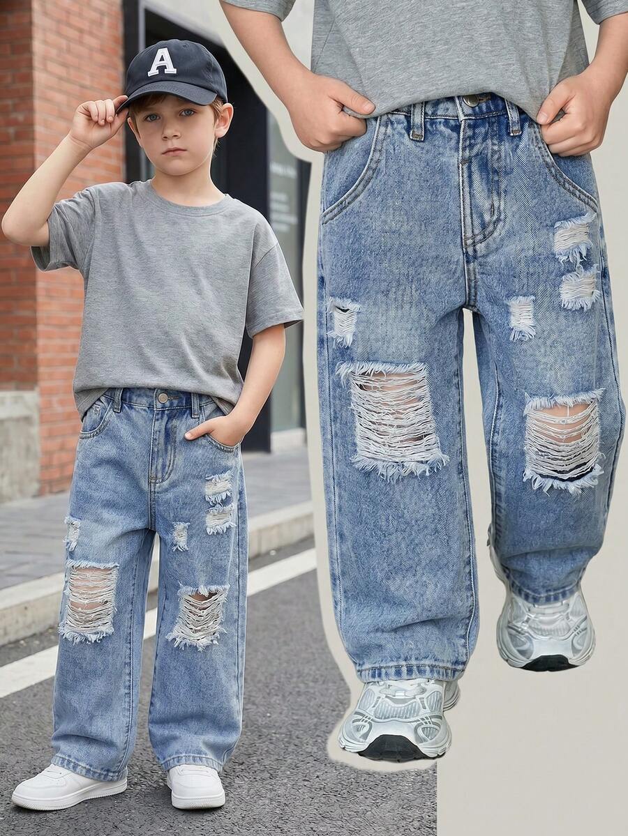 SHEIN Genkimix Kids 男童宽松水洗做旧牛仔裤,柔软棉质,休闲时尚,百搭舒适,宽松舒适,简约风格,松紧腰带,经典五口袋设计,直筒裤型,复古蓝,适合日常穿着和度假。 - 藍色 - 查看 1