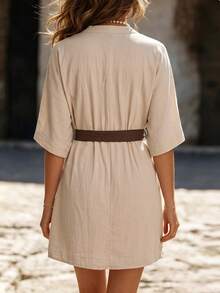 SHEIN LUNE Women's V-Neck Waist Cinched Bohemian Style Casual Dress, Summer Vacation Beige Brunch - Beige - View 2