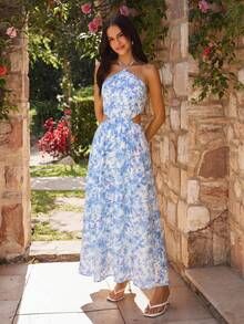 Women Midi Dresses - Blue and White 2 - View 5