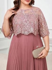Reflora Plus Size Elegant Party Embroidered Mesh Patchwork Dress - Pink - View 2