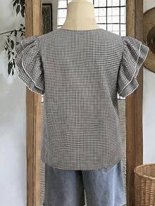 Mellowie Plus Size Women Casual Elegant Retro Vacation Plaid Pattern Round Neck Double-Layer Cap Sleeve Loose Blouse - Black and White - View 2