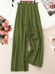 Linhara Plus Size Casual Solid Color Wide Leg Pants Fall - Green - View 2