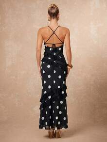 Lumalex New Sleeveless Polka Dot Ruffle Trim Dress - Black and White - View 3