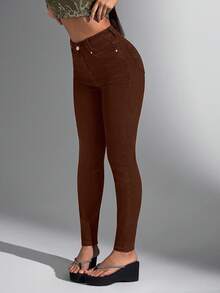 Jeanoix Jeans ajustados de mujer con unicolor, bolsillos y botones - Café integral - Ver 3