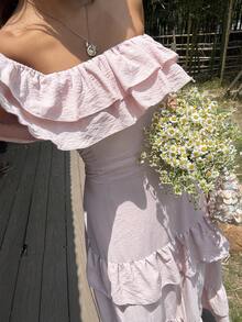 DAZY Off-Shoulder Rüschen-Mittelänge Urlaubs-Kleid für Frauen - Pink - Übersicht 6