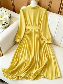 Qadelle 1pc Rivets Decorated Hem Pleated Commuter Dress For Women, Long Sleeve Maxi Women Outfit - Yellow - View 2