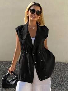 Livesso Summer Holiday Outfit White Collared Waist-Cinching Sleeveless Regular Fit Women's Jacket - Black - View 3