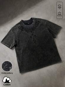 Manfinity Men's T-Shirt With Dark Letter Print On Washed Fabric, INS Street Style, Suitable For Music Festivals, Clubs, Gift For Boyfriend/Husband, Anniversary Gift. Unisex Washed T-Shirt. Y2K Style, Fashionable Style, Cute Style, Casual Style, Women's Blouses > Clothing. 230g (Sizes S-XXXL) - 5 - 查看 3