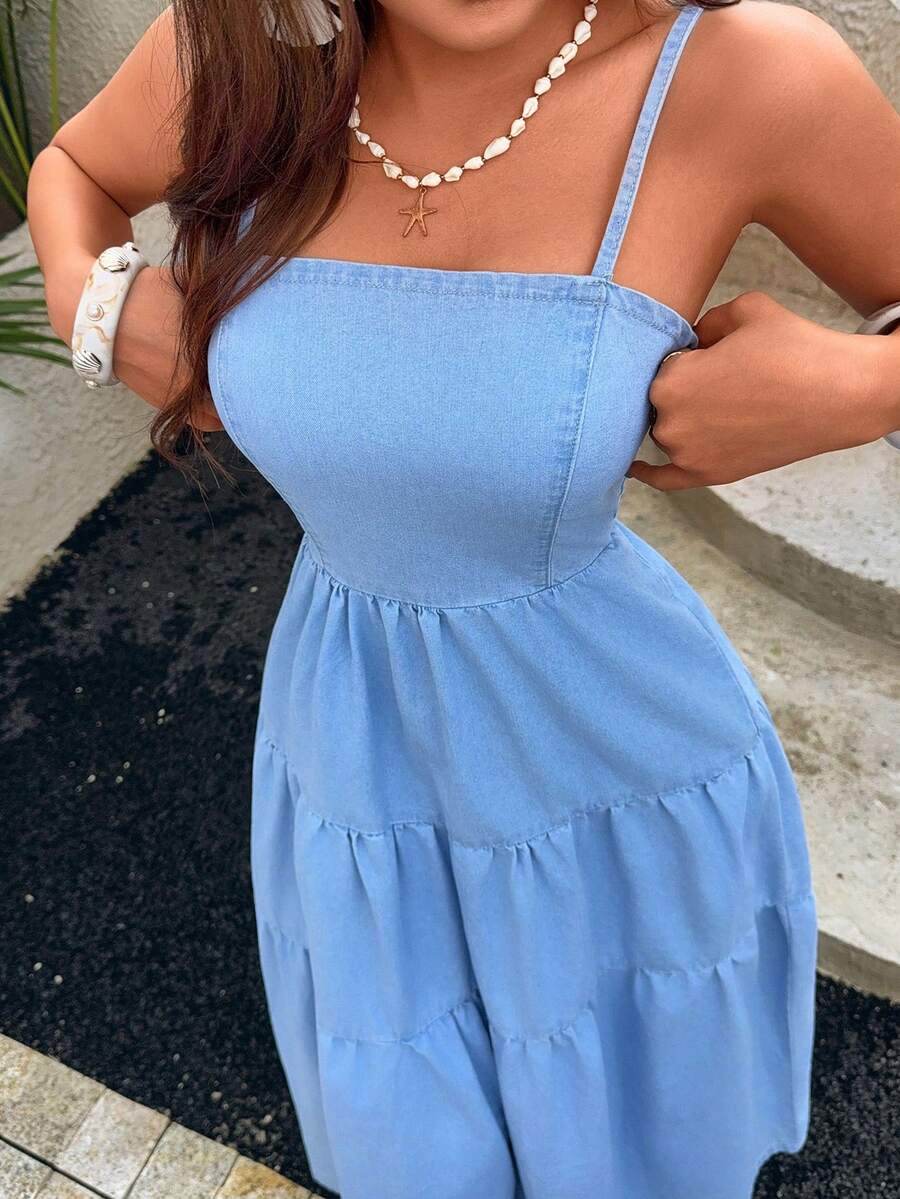 SHEIN SunnyBelle 女款休閒荷葉邊下擺牛仔細肩帶洋裝 - 藍色 - 查看 1