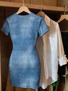 Franclia Women's Denim Effect Print Fashion Round Neck Short Sleeve Dress - Medium Wash - View 2