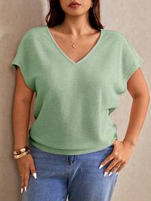 Elaquor Plus Size Women V-Neck Solid Color Casual Versatile Daily T-Shirt - Green - View 3