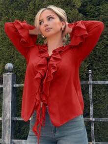Jeta Ari 女款優雅素色雪紡燈籠袖V領前綁帶寬鬆休閒秋季襯衫，適合女性，聖誕節夏季穿搭 - 紅色 - 查看 5