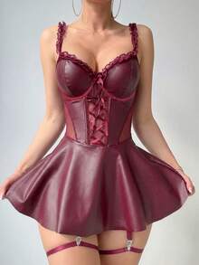 AltCore 4pcs Set Sexy Mesh Ruffle Hem PU Leather A-Line Skirt With Garter Belt - Burgundy - View 1