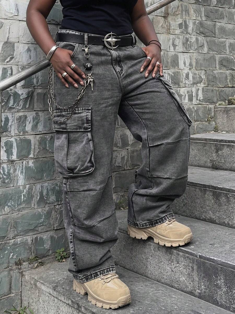RHETRK Manfinity Streetrush Plus Size Men's Loose Fit Casual Denim Jeans With Pockets, Versatile For Summer Men Oversized Jeans Men Wide Leg Jeans Men Jeans Cowboy Men Pants Cargo Jeans Going Out Urban Hang Out Vacation Street - Grey - View 1