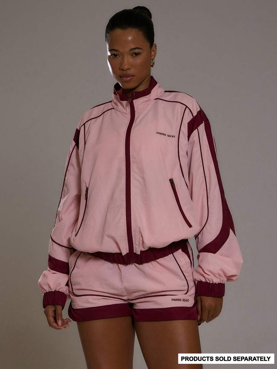 Musera Sport 撞色超大风衣漏斗领夹克运动健身健身房少女普拉提健身日常休闲樱桃上衣 - 粉色 - 查看 1