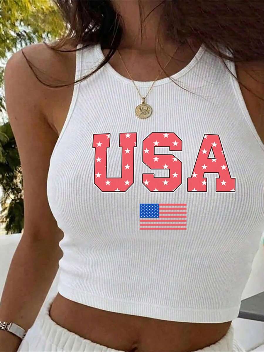 SHEIN Unity 女款 Y2K 美國國旗 "USA" 世界盃 日印花白色背心上衣 - 白色 - 查看 1