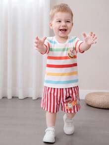 CoComelon X SHEIN Toddler Boys' Colorful Printed Round Neck Short Sleeve Top - Multicolor - View 3