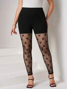 SHEIN Clasi Legging Patchwork Jala dengan Pita untuk Ukuran Plus - Hitam - View 1