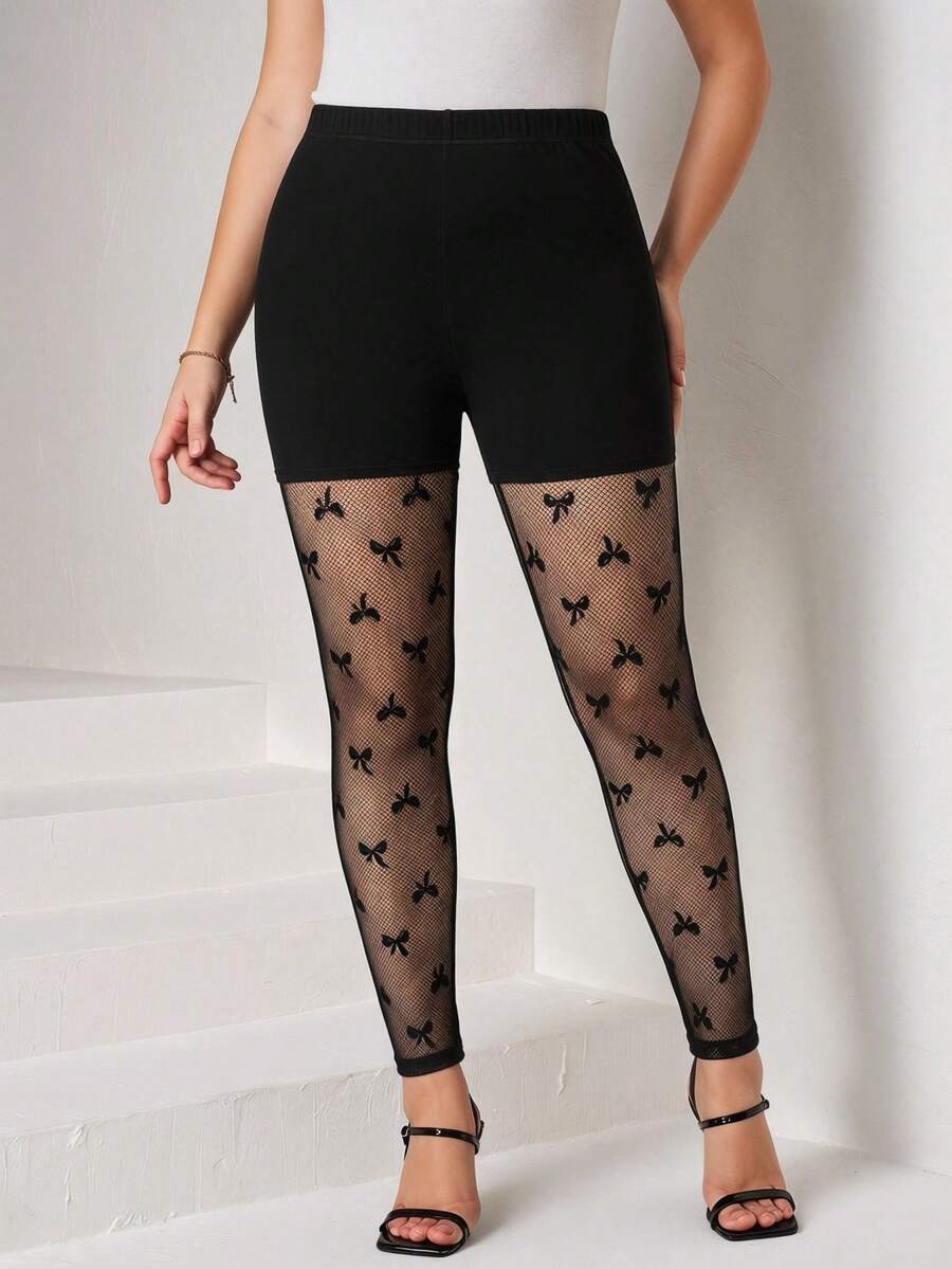 SHEIN Clasi Legging Patchwork Jala dengan Pita untuk Ukuran Plus - Hitam - View 1